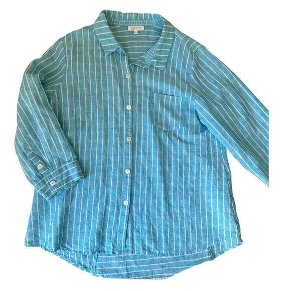 Habitat Clothes to Live in Linen Aqua Striped Oversized Lagenlook Shirt, Large - Picture 3 of 8